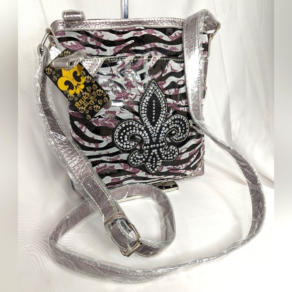 NWT HANANEL FLEUR DE LIS BLING ANIMAL PRINT CROSSBODY BAG - Picture 1 of 11